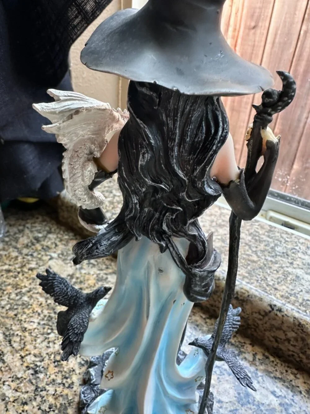 Gothic Fantasy Sorceress Statue Witch Resin Figurine with White Dragon & Ravens